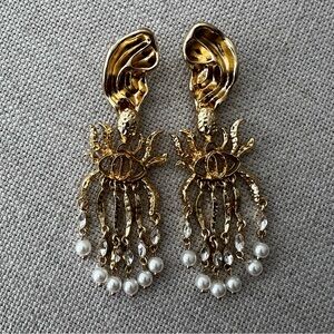 Surrealist Ear Anatomy Gold Crystal Pearl Earrings